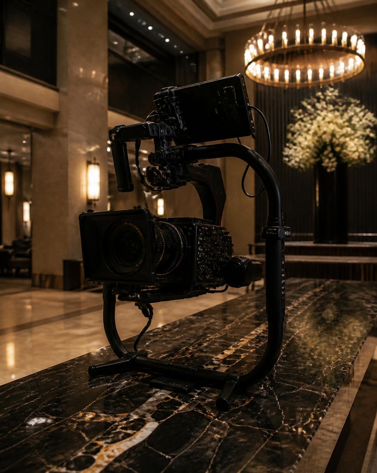 Cinema camera rig set up in a luxury hotel for cinematic hotel videography
